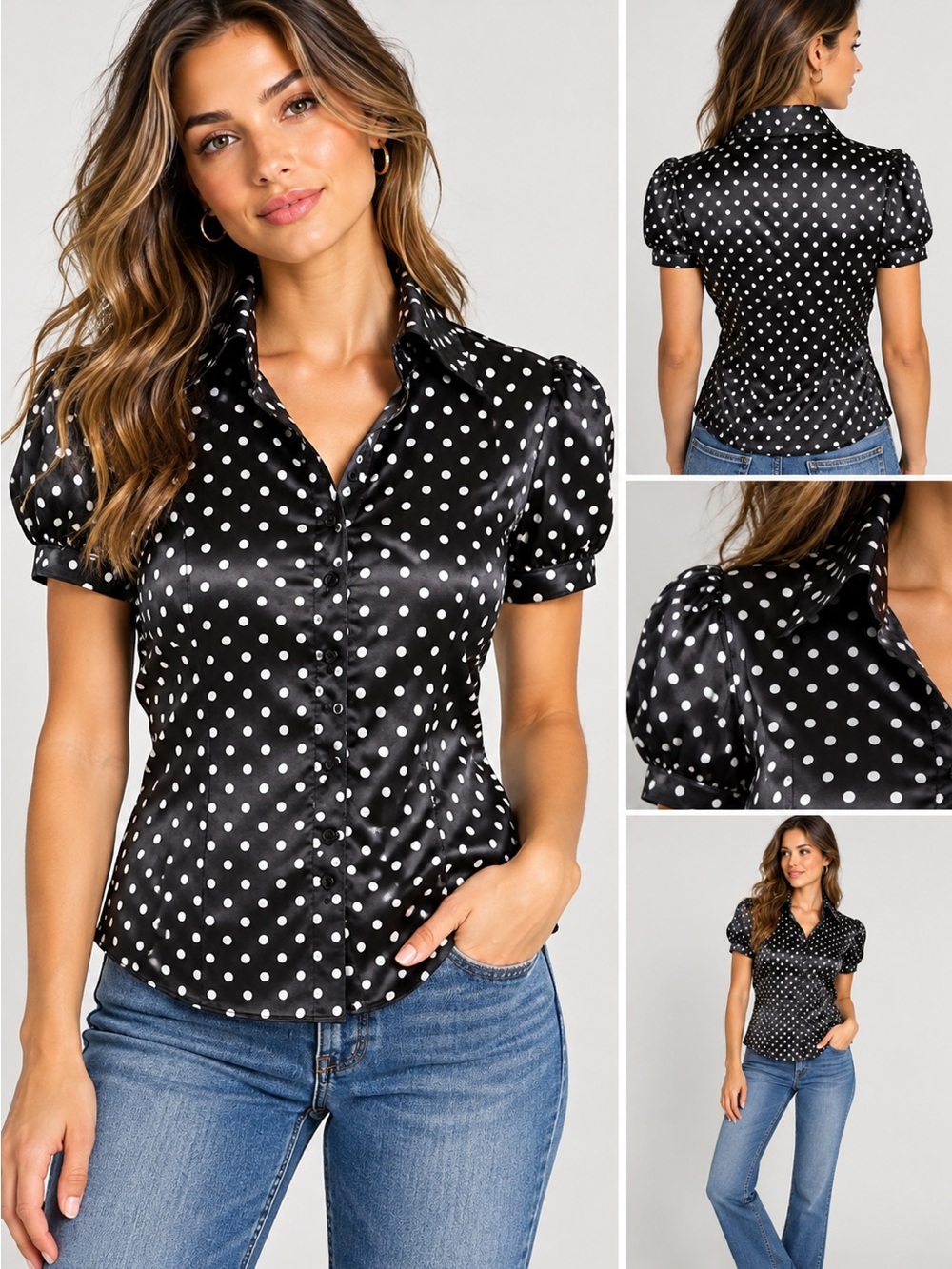 Say What USA Womens S Black White Polka Dot Satin Blouse Puff Sleeve Y2K